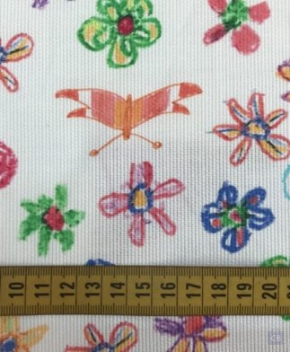 Tela Piqué de Canutillo Mariposas en Blanco con Dibujos Multicolor con cinta métrica como referencia - Conchi Berguño