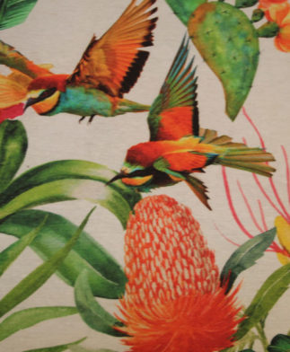 Tela Para Exterior Aves Exóticas Multicolor, Impermeable y Resistente a la Luz. Ancho 2.80m. Cinta-Conchi Berguño.