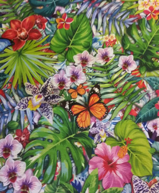 Tela Half-Panamá Diseño Floral Exótico Multicolor Con Mariposas, 100% Algodón.4. Ancho de 2.80 metros-Conchi Berguño.