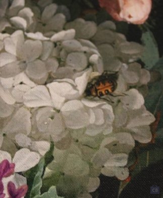 Tela floral multicolor estampacion digital. Ancho 1.55 metros.Detalle escarabajo-conchi Berguño.