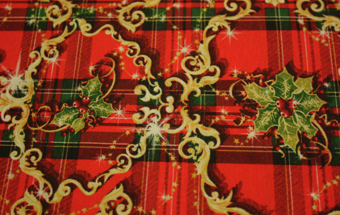 Tela Loneta De Navidad Cuadro Escocés Rojo y Hoja de Acebo. Ancho 2.80m-Conchi Berguño.