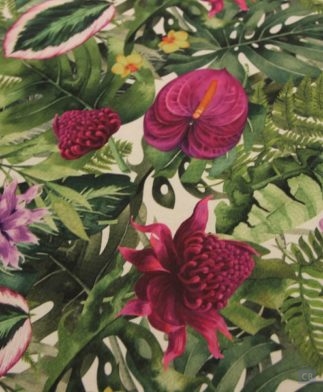 tela-half-panama-100% algodon-estampacion-digital-con flora exotica multicolor, detalle. Ancho 2.80 -Conchi Berguño.