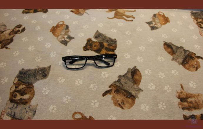 Tela loneta y detalle gafas con perros y gatos sobre fondo gris claro, en ancho 2.80 metros.Tambien en tienda física de Conchi Berguño