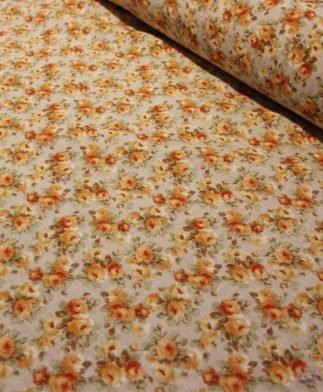 Tela Loneta Multiusos Con Flores medianas Color Naranja Y Fondo Jaspeado Verdoso.Ancho 2.80 metros.Detalle pliegues-Conchi Berguño.